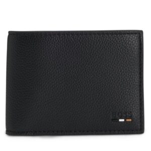 Boss Grained Folding Black Wallet With Signature Stripe Trim