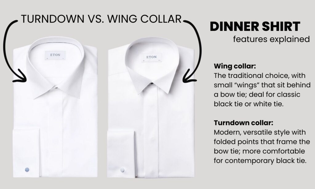 DINNER SHIRT features - wing collar vs turndown collar