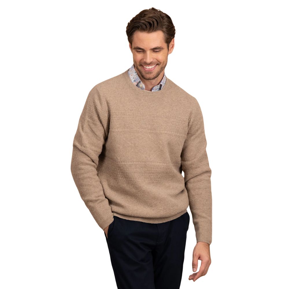 FYNCH-HATTON Self Patterned Camel Crew Neck Lambswool Jumper