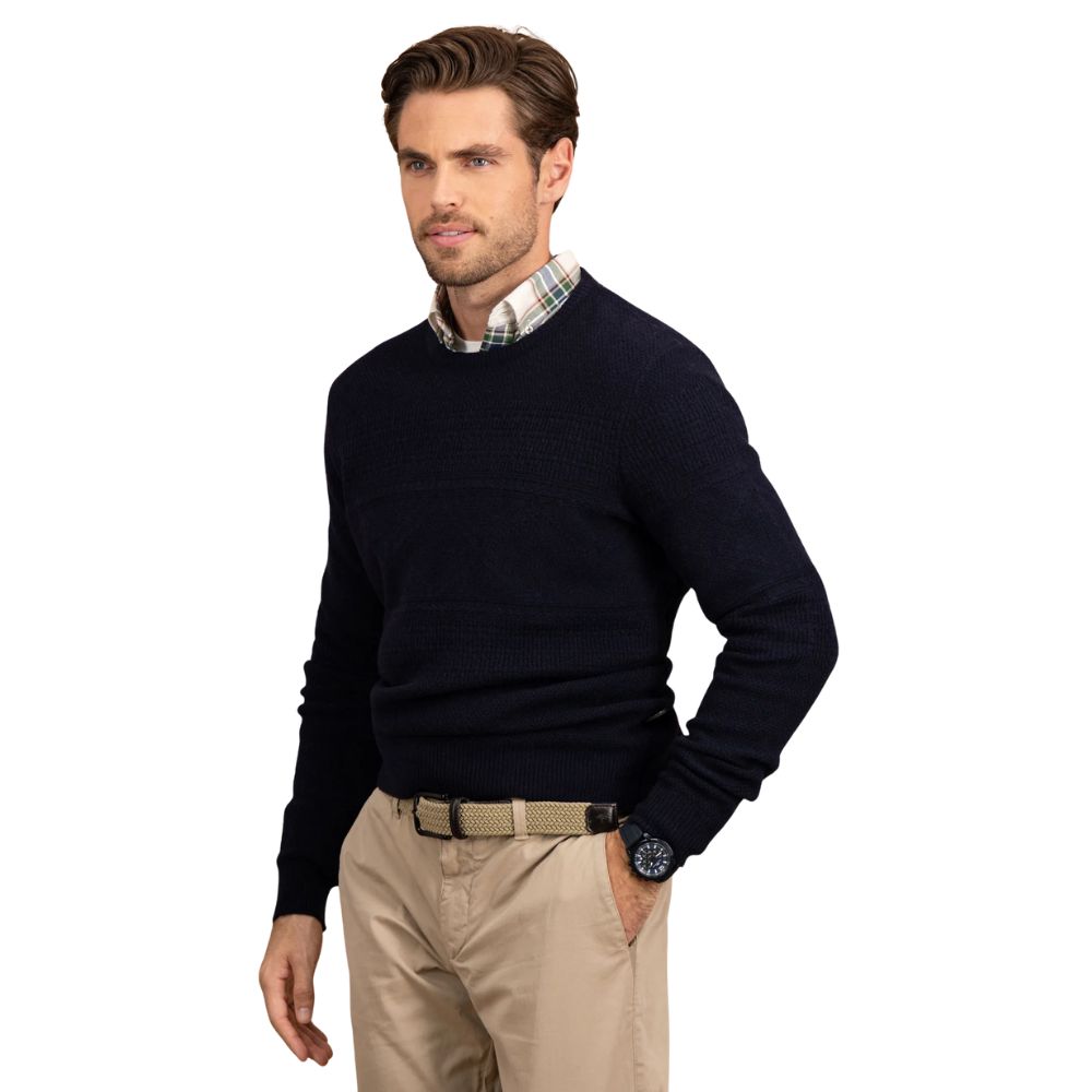 FYNCH-HATTON Navy Self Patterned Crew Neck Lambswool Jumper