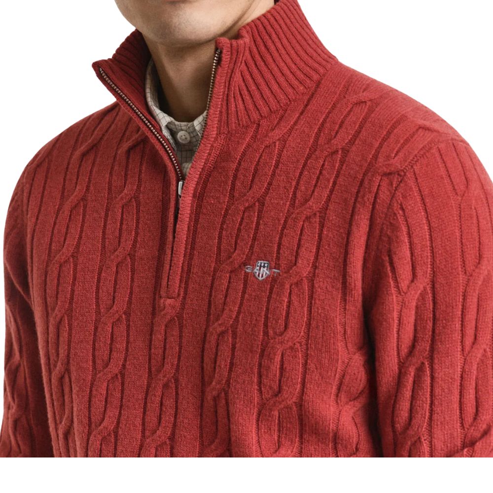 Gant Red Lambswool Cable Knit Half Zip
