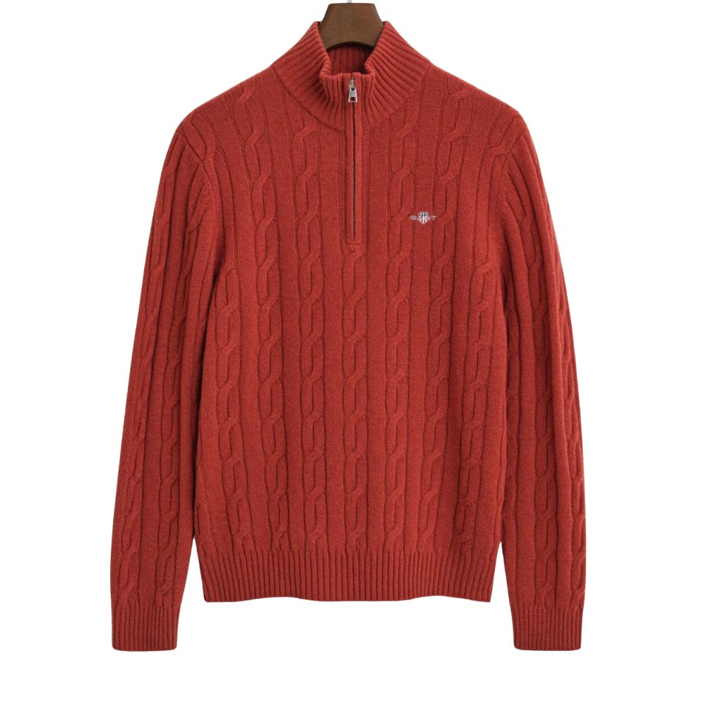 Gant Red Lambswool Cable Knit Half Zip