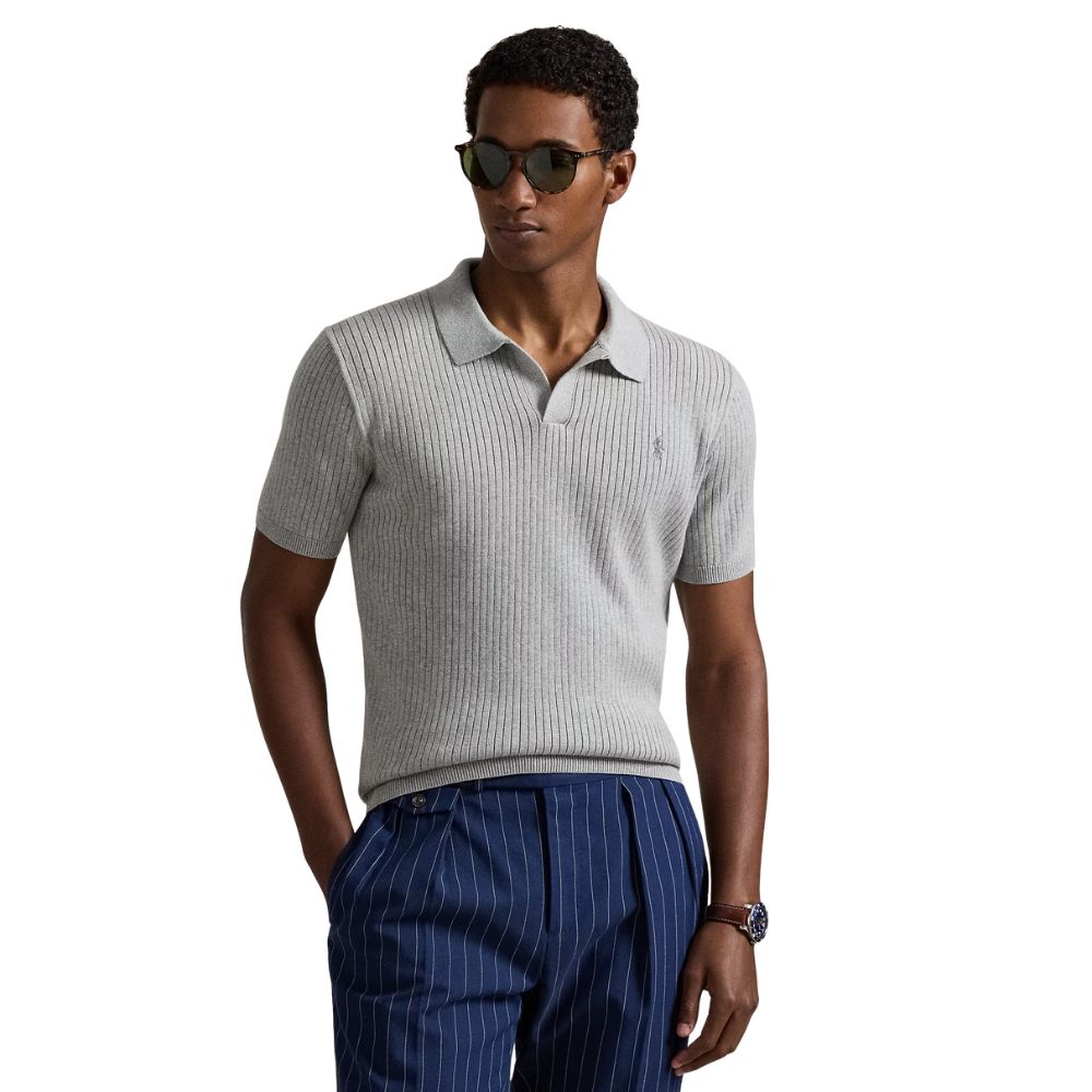 POLO RALPH LAUREN Cotton Ribbed Grey Knitted Polo Shirt