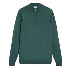 Pal Zileri Long Sleeve Wool and Silk Green Quarter Zip Polo Shirt