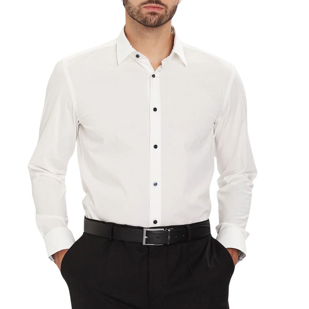 BOSS Hank Slim Fit White Shirt With Floral Trim