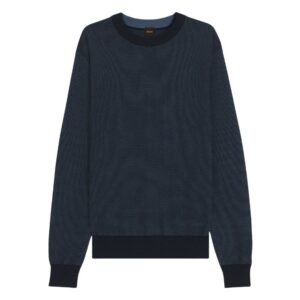 BOSS Cotton Blend Navy Sweater With Two Tone Structure