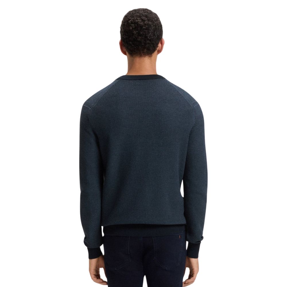 BOSS Cotton Blend Navy Sweater With Two Tone Structure