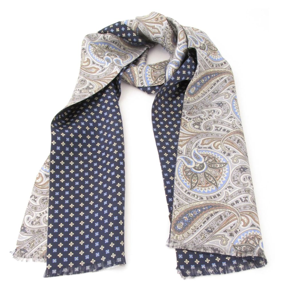 WARWICKS Silk Navy Gentlemen Scarf with Reversible Paisley Geometric Pattern