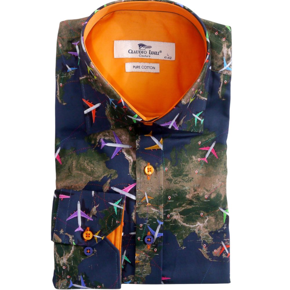 Claudio Lugli Plane Route World Map Navy Shirt