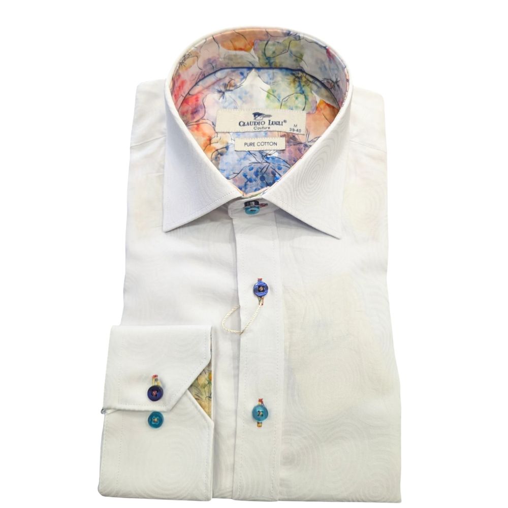 Claudio Lugli Swirl Patterned Watercolour Trim White Shirt