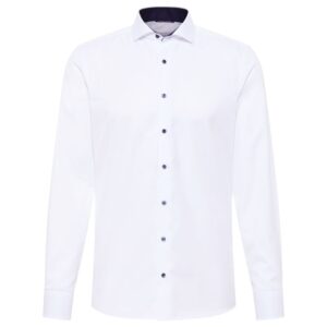 ETERNA Modern Fit White Shirt with Navy Contrast Buttons and Collar
