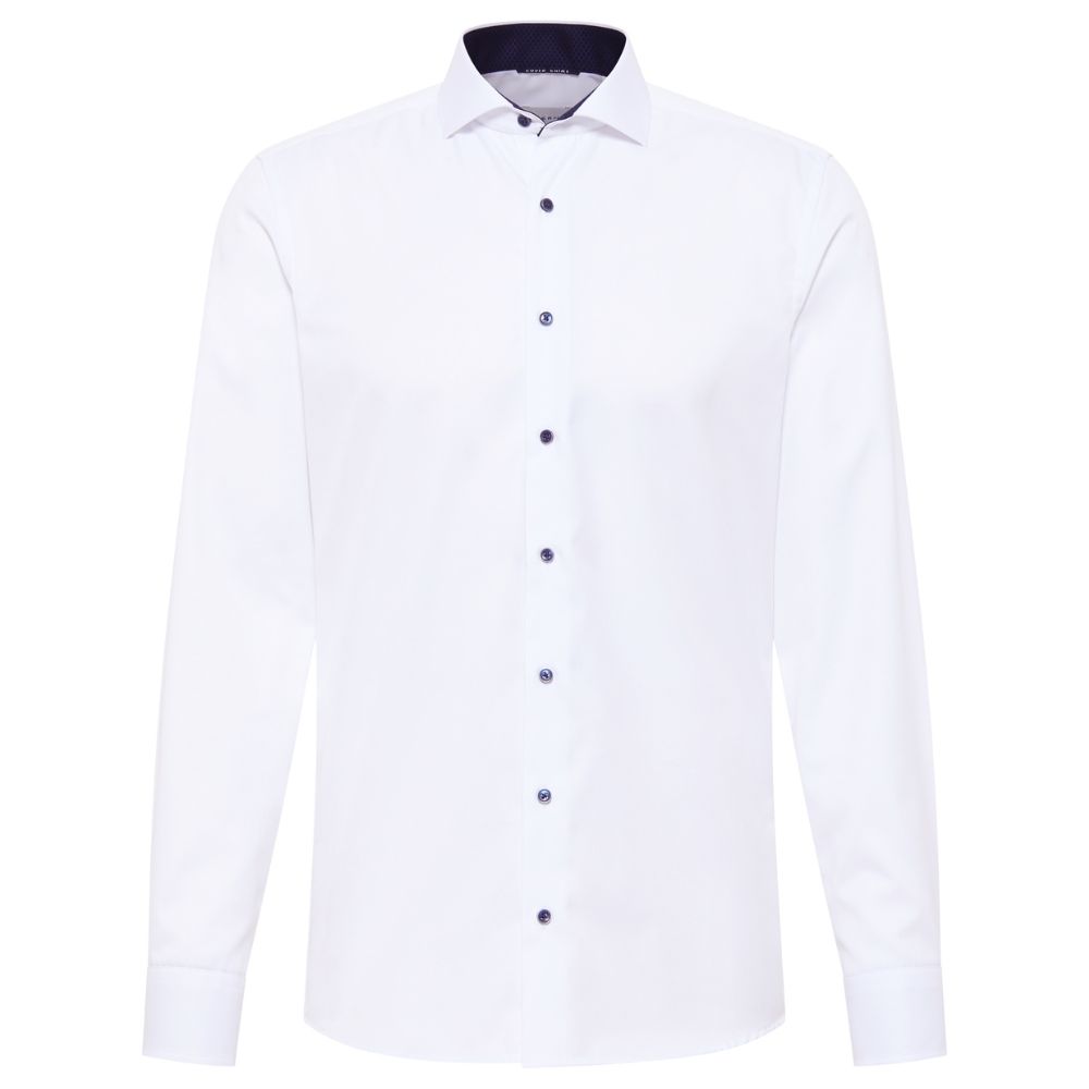 ETERNA Modern Fit White Shirt with Navy Contrast Buttons and Collar