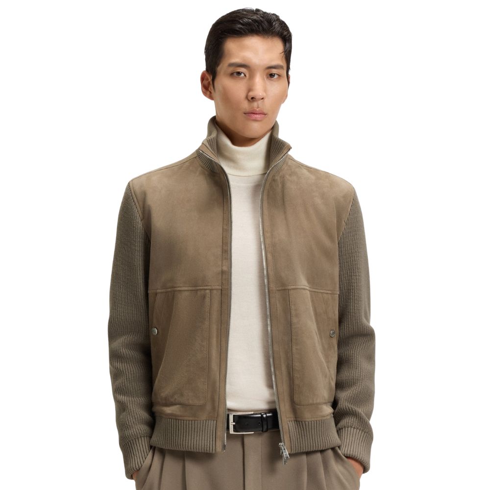 Boss Beige Suede Jacket With Cotton Blend Sleeves