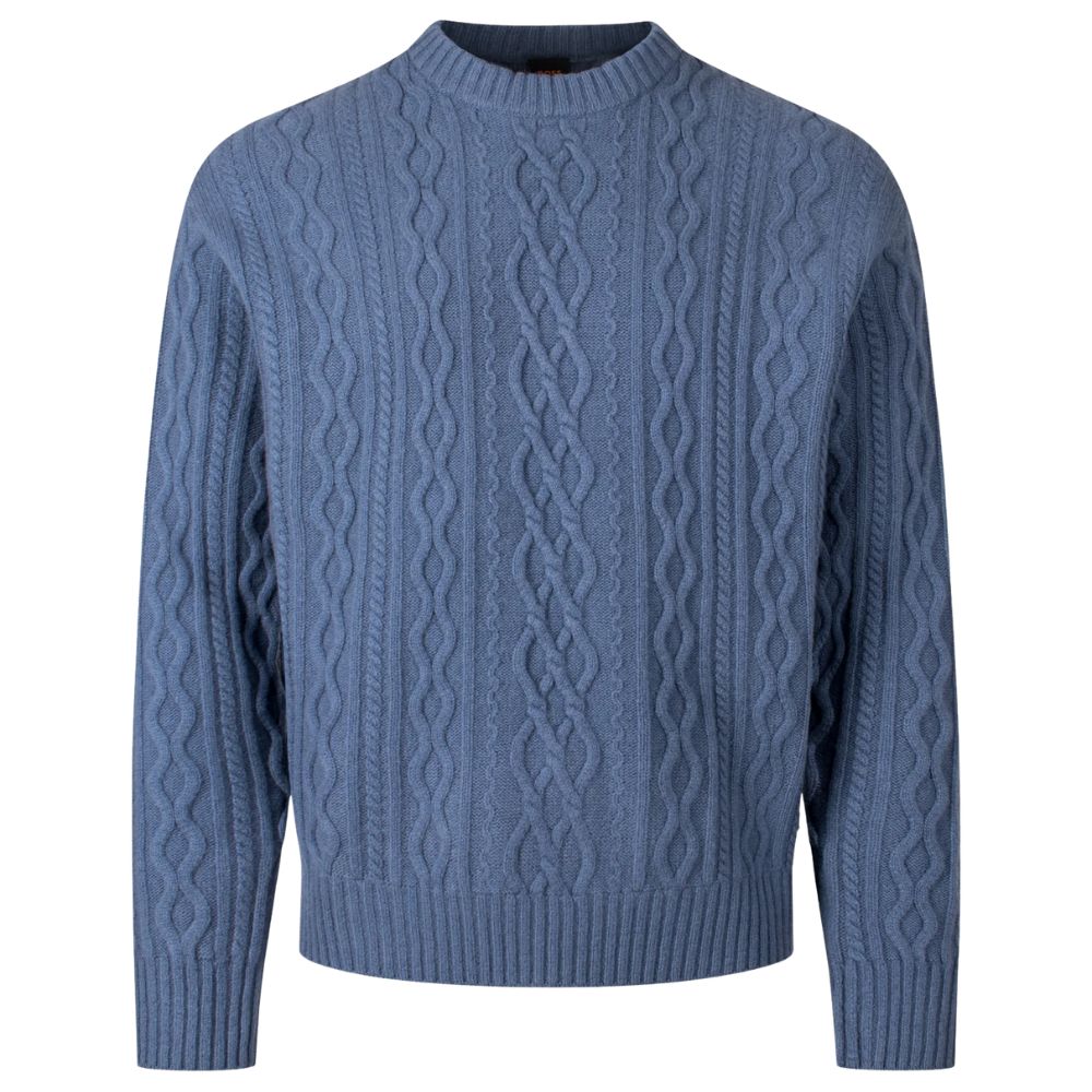 BOSS Cable Knit Wool Blue Crew Neck Jumper