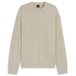 BOSS Cable Knit Wool Beige Crew Neck Jumper