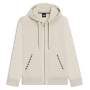 Boss Cotton Terry Zip Up Cream Hoodie With Signature Stripe Trims