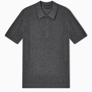 Emporio Armani Vertical Tuck Stitch Grey Jumper With Polo Shirt Collar