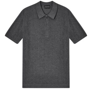 Emporio Armani Vertical Tuck Stitch Grey Polo Shirt with Zip Collar