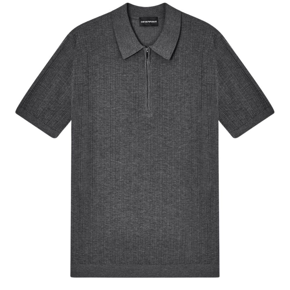 Emporio Armani Vertical Tuck Stitch Grey Polo Shirt with Zip Collar