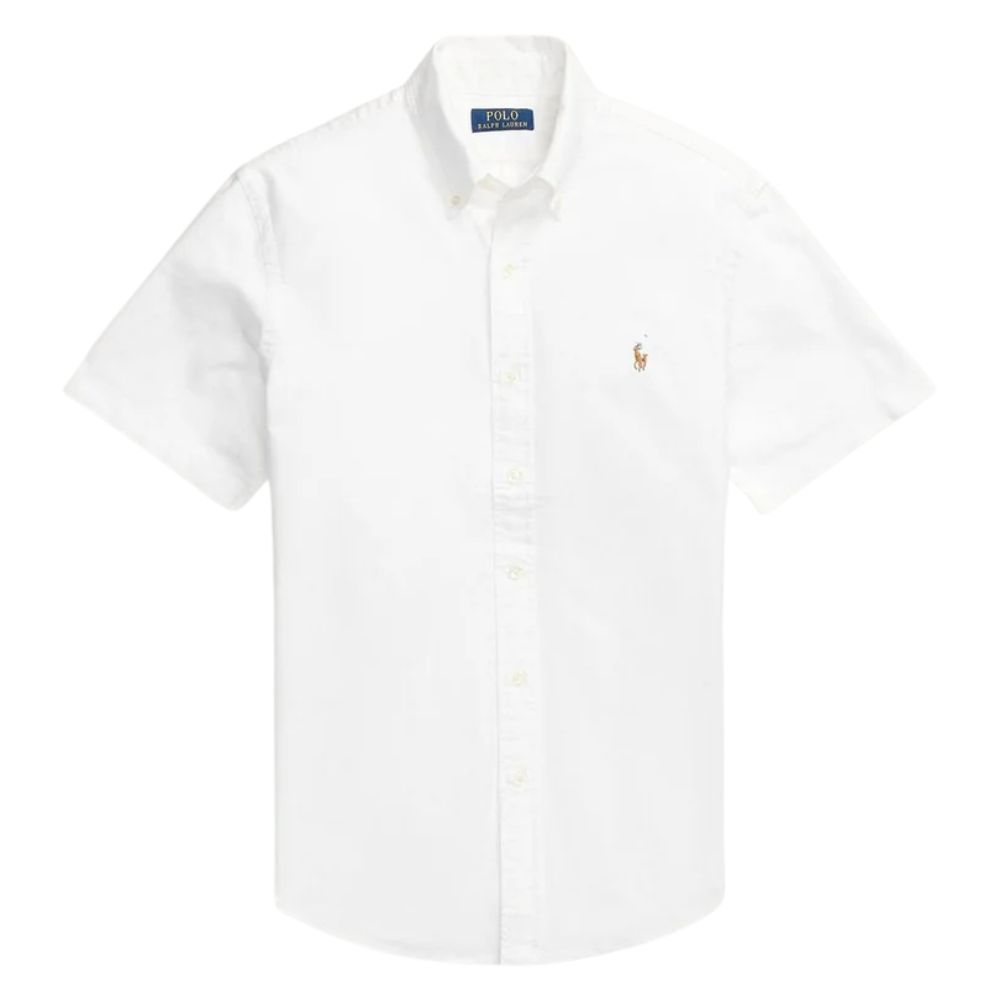 POLO RALPH LAUREN White Custom Fit Short Sleeve Knit Oxford Button Down Shirt