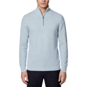 BOSS Light Blue Textured Quarter Zip Sweater in Cotton