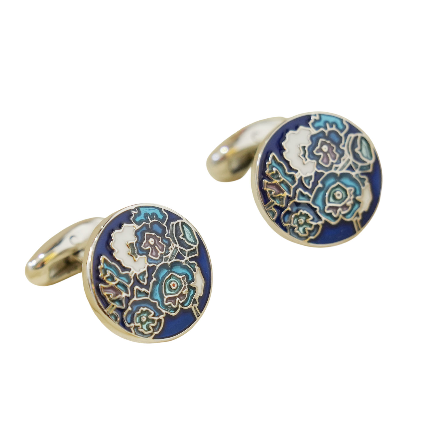Warwicks Platinum Navy Floral Cufflinks