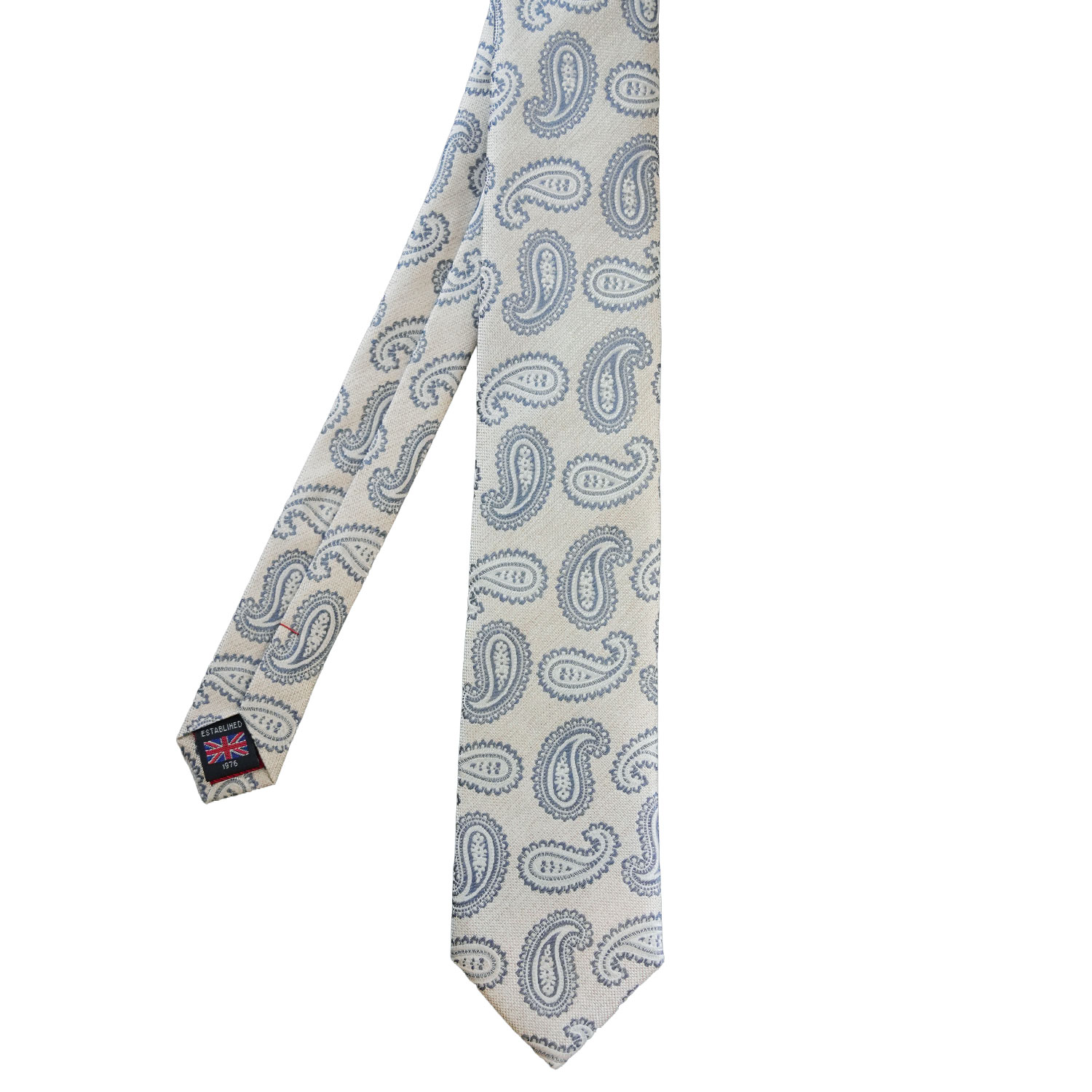 Warwicks Silver Tie with Blue Paisley Pattern in Linen and Silk