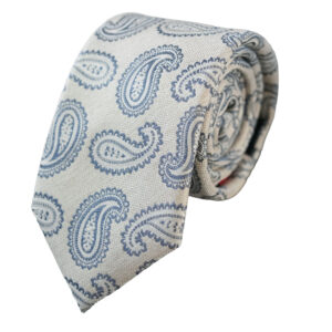 Warwicks Silver Tie with Blue Paisley Pattern in Linen and Silk