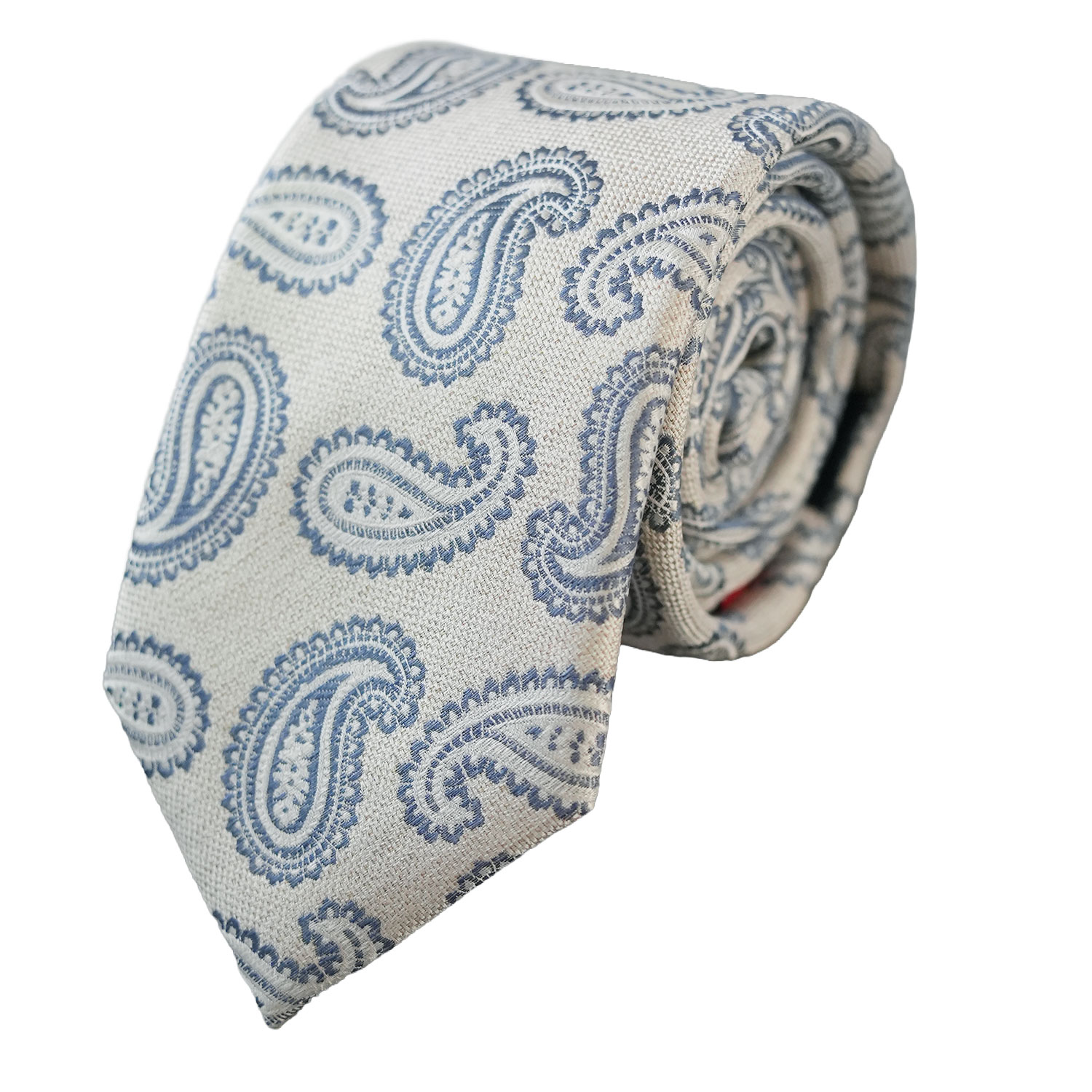 Warwicks Silver Tie with Blue Paisley Pattern in Linen and Silk