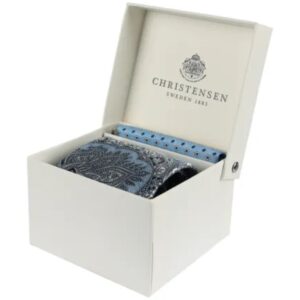 Amanda Christensen Blue Paisley Tie and Geometric Patterned Pocket Square Set