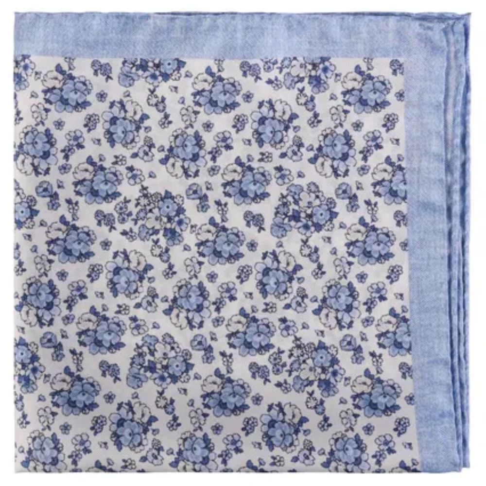 Amanda Christensen Bordered Floral Pattern Blue Pocket Square 1 Amanda Christensen Bordered Floral Pattern Blue Pocket Square