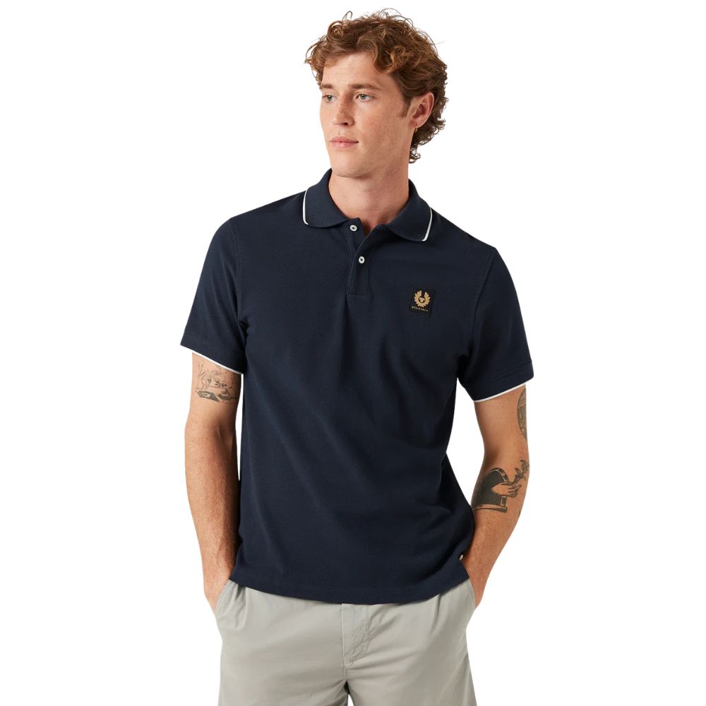 Belstaff Tipped Cotton Pique Navy Polo Shirt