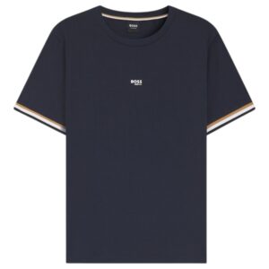 BOSS Cotton Blend Navy T-Shirt With Logo And Signature Stripes