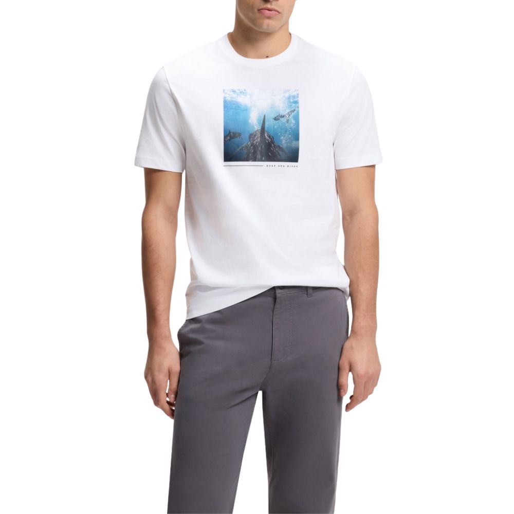 BOSS Cotton Jersey White T-Shirt With Printed Artwork