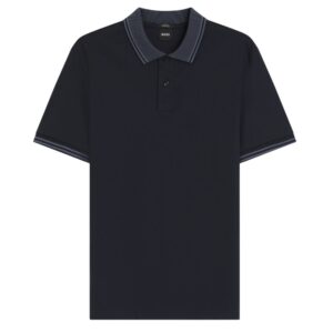 BOSS Stripe-Trim Slim Fit Navy Polo Shirt in Mercerised Cotton