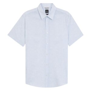 BOSS Roan Blue Floral Print Slim-Fit Short Sleeve Shirt in Stretch Linen