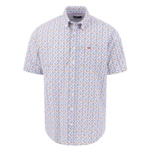Fynch-Hatton White Geometric Print Short Sleeve Button Down Shirt
