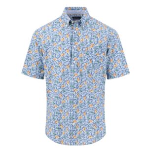 Fynch-Hatton Blue Floral Print Short Sleeve Button Down Shirt