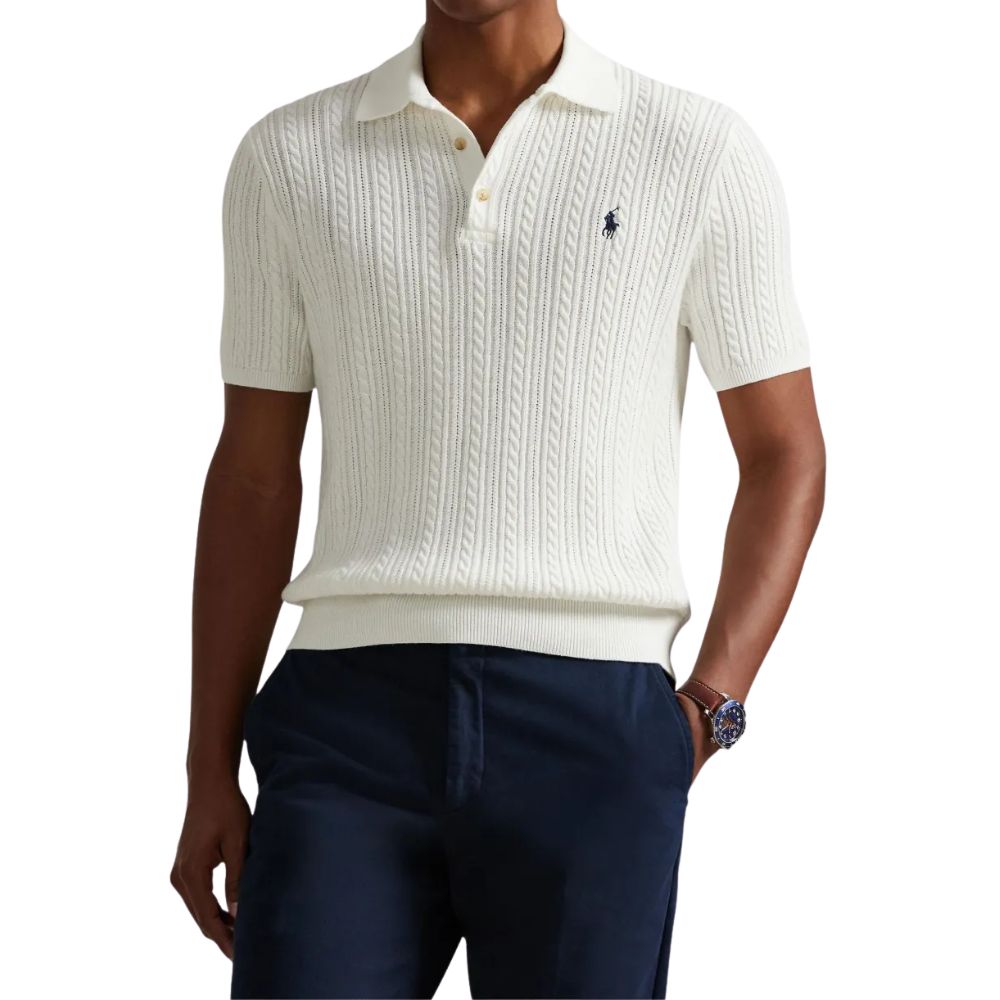 POLO RALPH LAUREN Cotton Cable Knitted White Polo Shirt 1