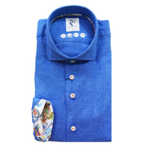 R2 Blue Linen Shirt Short Cut with Floral Trim