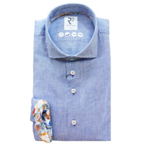 R2 Light Blue Linen Shirt with Floral Trim Short Cut Fit