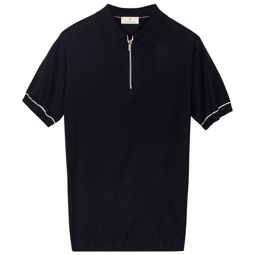 Thomas Maine Knitted Cotton Navy Polo Shirt