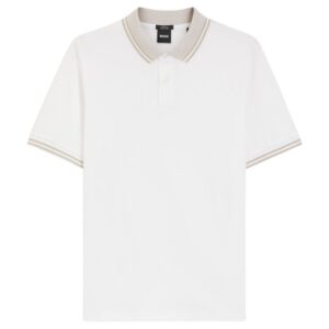 BOSS Stripe-Trim Slim Fit White Polo Shirt in Mercerised Cotton