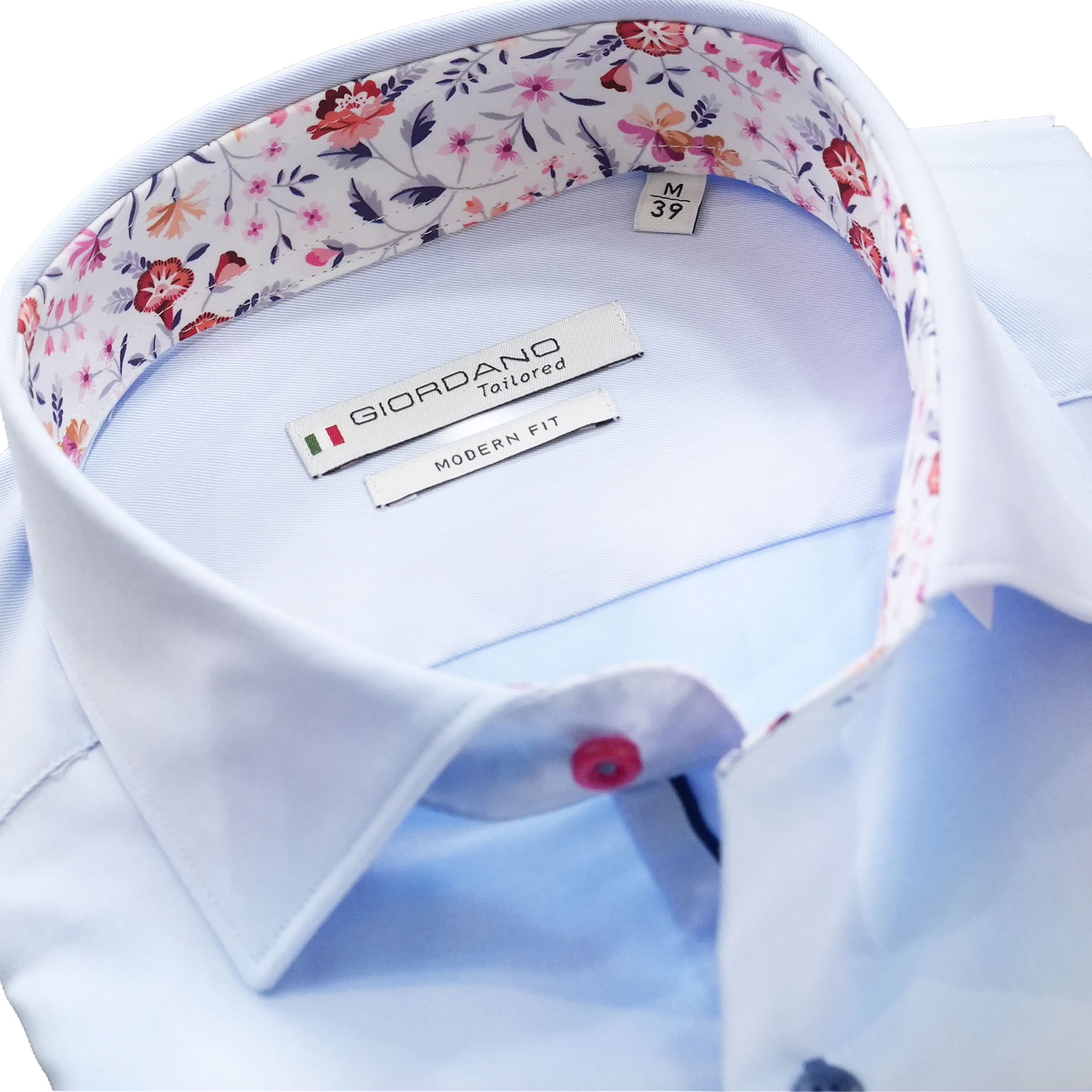 Giordano Light Blue Short Sleeved Shirt with Floral Trim and Semi Cutaway Collar