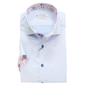 Giordano Light Blue Short Sleeved Shirt with Floral Trim and Semi Cutaway Collar