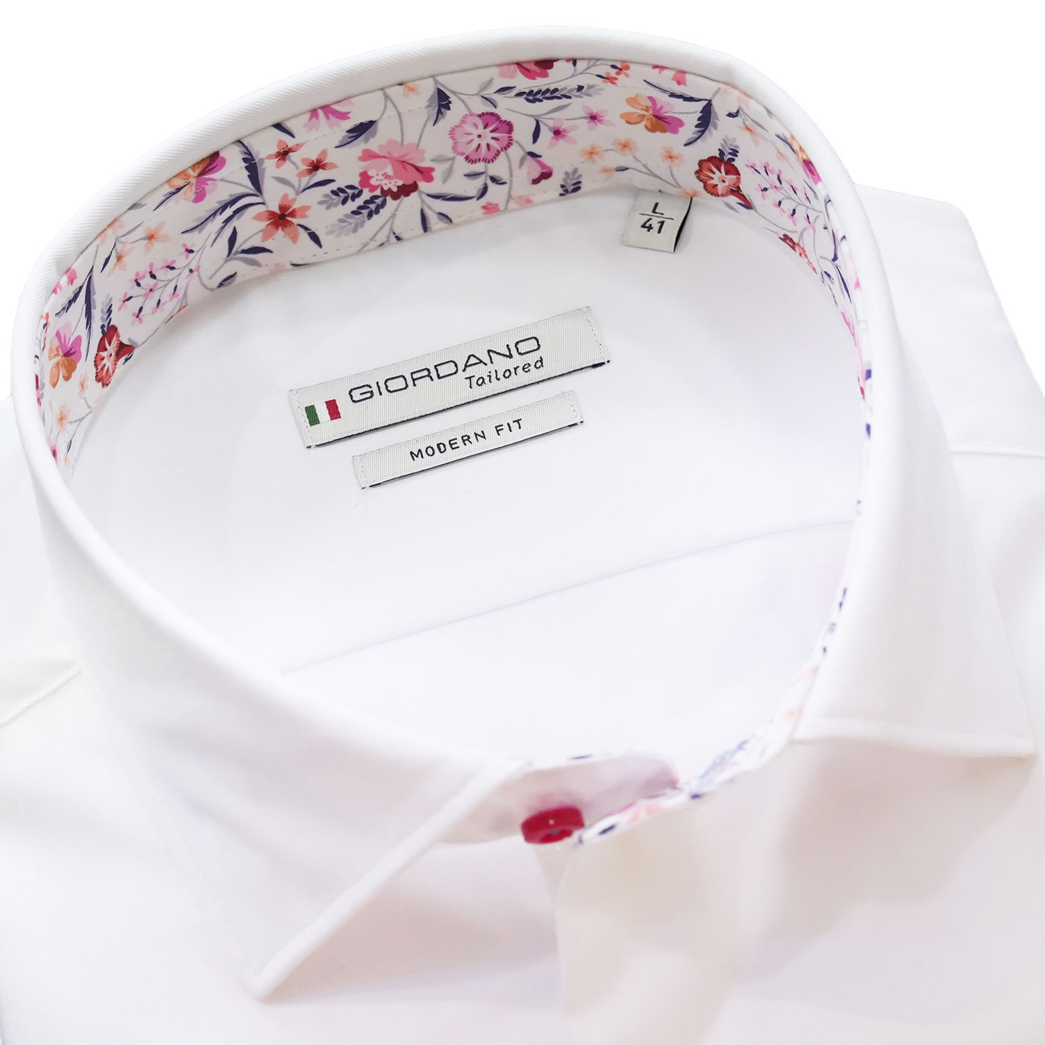 Giordano White Short Sleeved Shirt with Floral Trim Semi Cutaway Collar