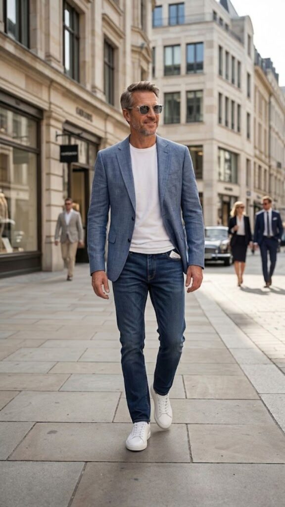 Discover How to Dress Like a CEO on Weekends using a smart casual jacket, jeans, and T-shirt combination that delivers an easy, elevated look