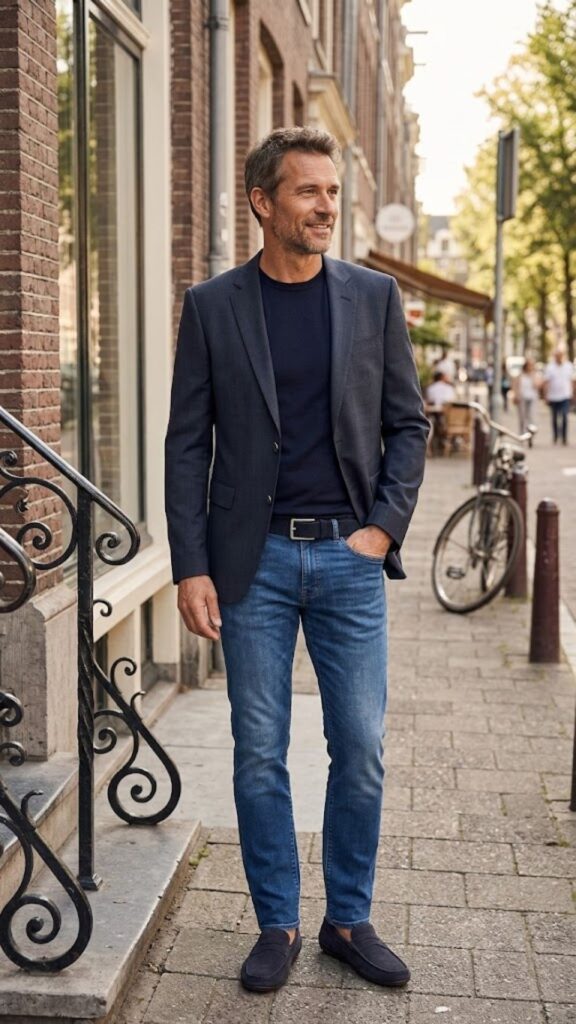 Discover How to Dress Like a CEO on Weekends using a smart casual jacket, jeans, and T-shirt combination that delivers an easy, elevated look