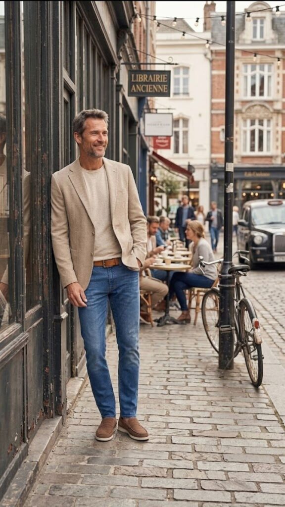 Discover How to Dress Like a CEO on Weekends using a smart casual jacket, jeans, and T-shirt combination that delivers an easy, elevated look