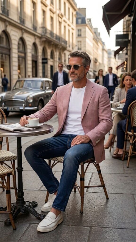 Discover How to Dress Like a CEO on Weekends using a smart casual jacket, jeans, and T-shirt combination that delivers an easy, elevated look